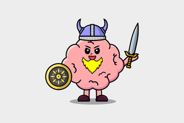 Cute cartoon character Brain viking pirate with hat and holding sword and shield illustration