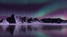 Beautiful Sky With Aurora And Stars. Purple Northern Lights Background With Copy-space.