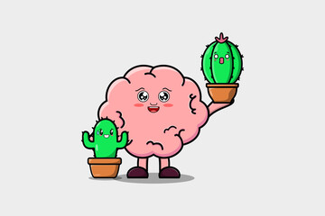 Wall Mural - Cute cartoon Brain character holding Brain plant in pot vector icon illustration