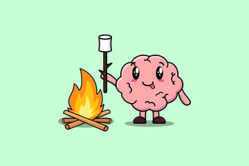 Wall Mural - Cute cartoon brain character is burning marshmallow