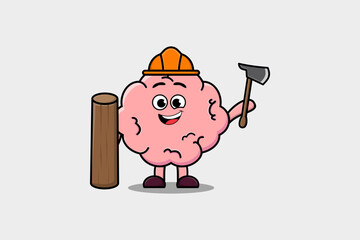 Wall Mural - Cute cartoon Brain as carpenter character with ax and wood in flat modern style