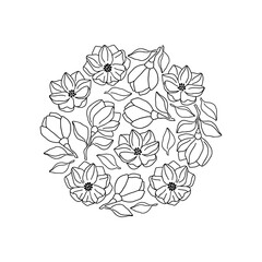 Sticker - Magnolia flowers hand drawn silhouette vector illustration. Black nature line art painting on white background. Buds, petals, leaves elements. Floral tropical print.