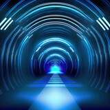 Fototapeta Przestrzenne - Abstract tunnel, corridor with rays of light and new highlights. Abstract blue background, neon. Scene with rays and lines, Round arch, light in motion, night view. 3D illustration.