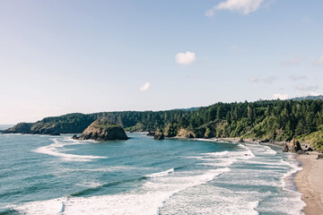 beach near eureka, california. sunny day, bright blue ocean with waves