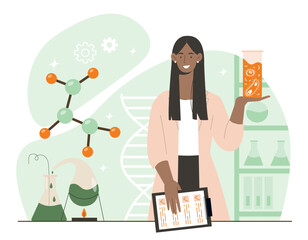 Woman in science. Girl stands next to molecule and holds susubstance in hand. Scientific experiment in laboratory, drug development and study of chemical reactions. Cartoon flat vector illustration