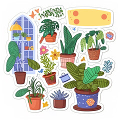 Wall Mural - Home plant and urban jungle cute stickers . Cute sticky labels decorated with cartoon image. Signs, symbols, objects of indoor plants and flowers. Flat Art Rastered Copy Illustration