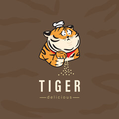 Wall Mural - Chef Tiger Cook with delicious cooking gestures.Logo chef Tiger mascot cartoon style illustration.
