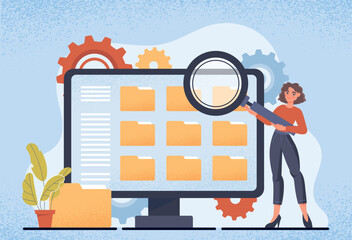 File management concept. Woman with magnifying glass examines folders on monitor screen. Electronic archive or repository. Working with information and data. Cartoon flat vector illustration