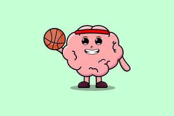 Wall Mural - Cute cartoon Brain character playing basketball in flat modern style design illustration