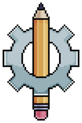 Pixel art gear with pencil, concept of ideas and creativity vector icon for 8bit game on white background
