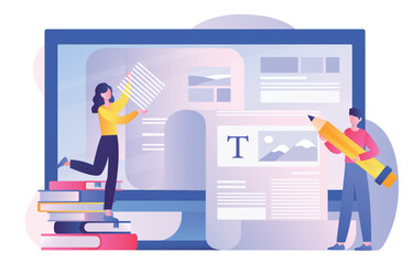 Poster - copywriters at workplace. colleagues and partners write articles, create content. website promotion 