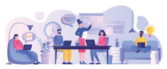 Poster - Coworking space concept. Men and women in workplace, partners and colleagues in office. Organization of effective workflow. Characters working on joint project. Cartoon flat vector illustration