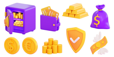 3d finance and business icons set.  Money, stock exchange, business investment, trading and finance concept. Realistic 3d high quality render