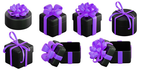 Realistic black gift box set with violet or purple ribbon bow. Concept of abstract holiday, birthday, Christmas or Black Friday present or surprise. 3d high quality isolated render