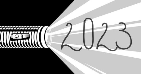 Poster - Flashlight illuminates the number 2023. Hand holding pocket LED electric lamp. Abstract animated video.
