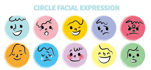 Round abstract faces with various emotions set. Crayon drawing style emoticons collection. Different colored avatar. flat design, hand drawn fashion vector illustration emotional.