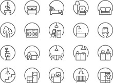 Room Icon Set. The Icons Included A Bedroom, Bathroom, Living Room, Toilet, Kitchen, And More.