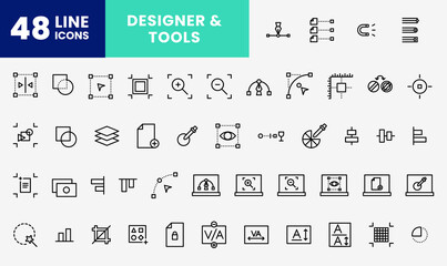 icon line pack about designer tools, pen tool, zoom, laptop, curved, line and more. editable color, outline icon style.