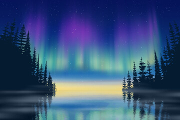 Wall Mural - aurora borealis reflected in water, winter holiday illustration, northern nature