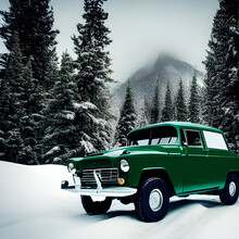 Off Road #1003 -- A Mid-1950's Green SUV In A Snowy Forest On A Rocky Mountain Pass, Created With Artificial Intelligence.