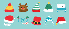 Set Of Cute Winter And Autumn Headwear Vector Illustration. Collection Of Reindeer, Santa, Bear, Elf, Knitting Hats, Top Hat For Cold Weather, Christmas Fancy Glasses. Design For Card, Comic, Print.