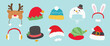 © TWINS DESIGN STUDIO - Set of cute winter and autumn headwear vector illustration. Collection of reindeer, santa, snowman, elf, knitting hats, top hat, caps, rabbit headband for cold weather. Design for card, comic, print.