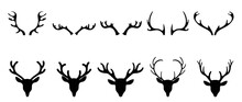 Set Of Antlers Vector Illustration. Collection Of Black Deer Antlers And Horns Silhouette Isolated On White Background. Design Suitable For Sticker, Card, Comic, Print, Poster, Logo, Decoration.