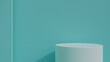 © Niteshnaagodiya - white podium on front of sky blue wall backdrop 3d illustration, clean concept design for product showcase or product stage, podium for cosmetic product showcase and advertising product marketing 3d