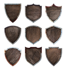 Aufkleber - Wooden and metal shield protected steel icons sign set isolated on white background