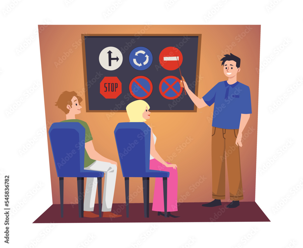 Driver Instructor Animation Driver instructor explains road signs to students flat style, vector ...
