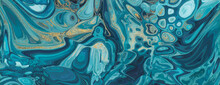 Beautiful Teal And Blue Liquid Swirls With Gold Powder. Elegant Design Banner.