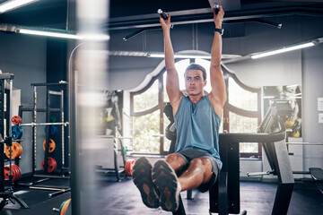 Canvas Print - Hanging man, gym and leg raise exercise, workout and training for muscle, fitness power and bodybuilding sports. Bodybuilder athlete guy lifting legs up with focus for strong core, abs and wellness