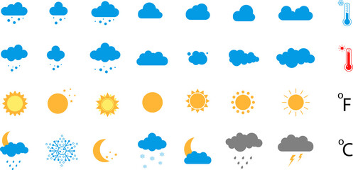 collection of weather icons. sun, clouds, wind, thunderstorm, lightning, stars, thermometer.