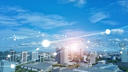 Poster - Modern city aerial view and communication network concept. Smart city. Wireless telecommunication.