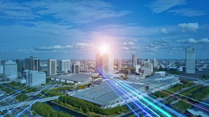 Aufkleber - Modern city aerial view and rays leading to the future concept. Smart city.