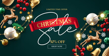 Christmas Sale Vector Banner Design. Christmas Promo Text In Red Ribbon Space With Xmas Elements For Brochure And Flyers Decoration Background. Vector Illustration.