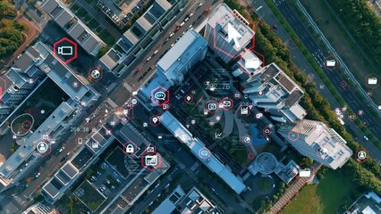 Fototapete - Modern city aerial view and digital transformation concept. Smart city.