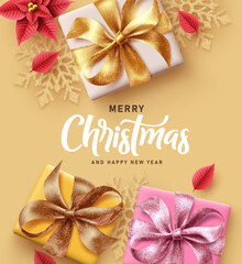 Wall Mural - Christmas text vector background design. Merry christmas and happy new year greeting card with gift boxes and gold snowflake for minimal elegant holiday decoration. Vector Illustration.