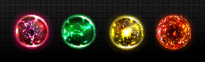 Poster - Set of energy balls with lightning effect in red, orange, yellow and green colors. Electrical discharge bundle png. Magic power. Realistic vector illustration isolated on transparent background