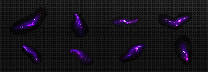 Poster - Lightnings, purple thunderbolt strikes at night. Electric impact effects, thunderstorm sparking discharges isolated on transparent background, vector realistic illustration