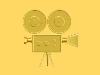 Poster - Vintage gold cartoon style movie camera. Funny retro video camera. 3D rendering. Icon on yellow background