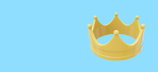 Poster - Yellow cartoon royal crown, symbol of power, top view. 3d rendering. Icon on blue background, space for text.