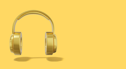 Poster - Realistic golden headphones on yellow background with space for text. Front view. 3d rendering.