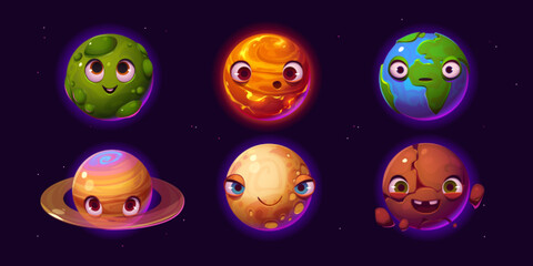 Wall Mural - Earth, planets and asteroid characters with different emotions. Cute galaxy objects, funny cosmic globes smile, surprised and sad, vector cartoon set isolated on black background