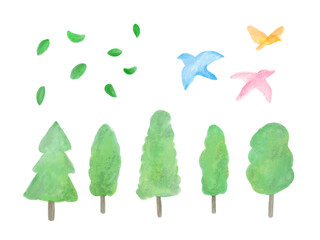 Wall Mural - One point landscape of trees and birds Cute and simple hand-drawn watercolor illustration set / 木と鳥のワンポイント風景 かわいくてシンプルな手描きの水彩イラストセット