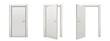 White wooden door for front entrance or inside house, apartment or office. 3d wood door with handle and frame in open, closed and ajar position, vector realistic set isolated on white background