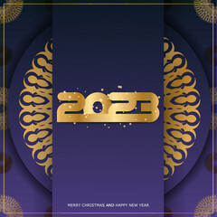 Wall Mural - 2023 Happy New Year festive greeting card. Golden pattern on Blue.