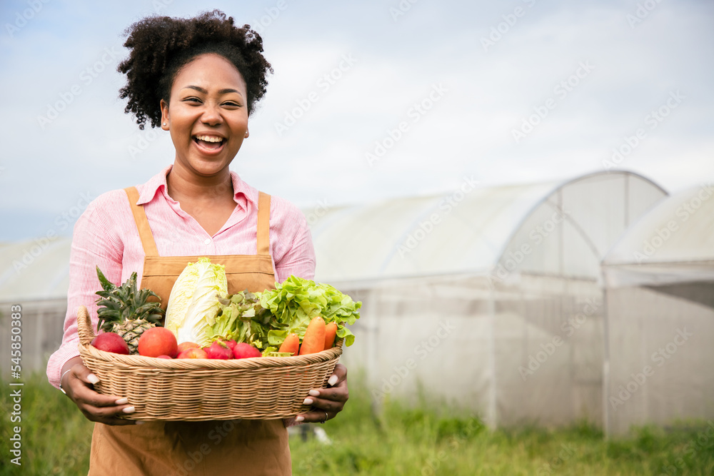 Basket with vegetables. Charming farmer woman holding wooden box full ...