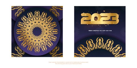 Wall Mural - Golden pattern on Blue. Happy new year 2023 greeting background.