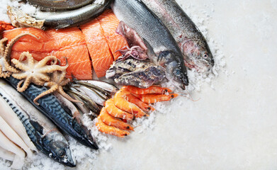 Canvas Print - Fresh fish and seafood arrangement. Healthy eating concept. Top view..